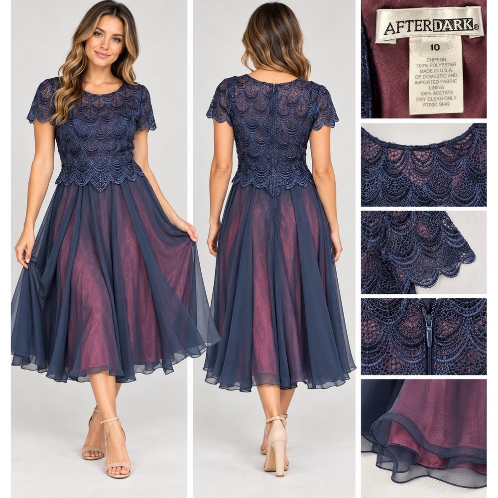 After Dark Cocktail Dress Womens 10 Navy Lace Chiffon Romantic Coquette Midi